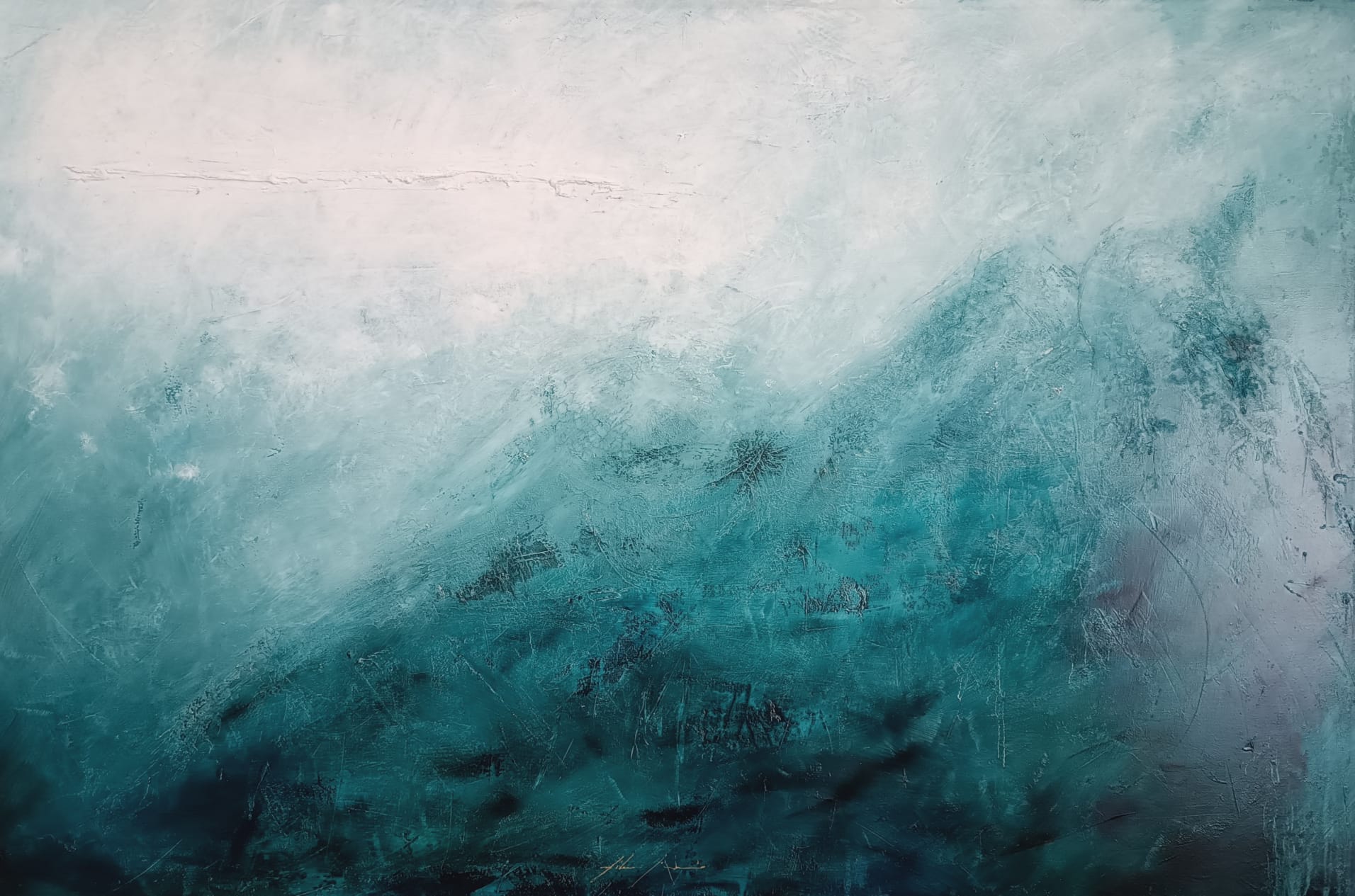 Opera della serie ThalassoPhilia: distesa d'acqua in olio su tela, orizzonte chiaro