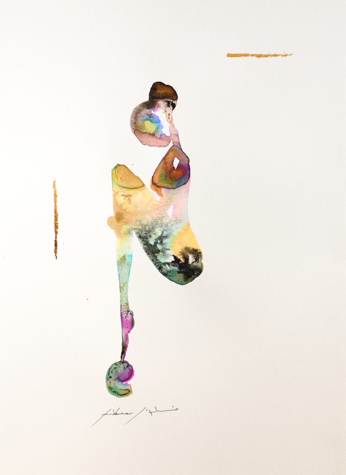 Figura in equilibrio su carta acquerello, colori naturali e foglia oro, gialli e rosa